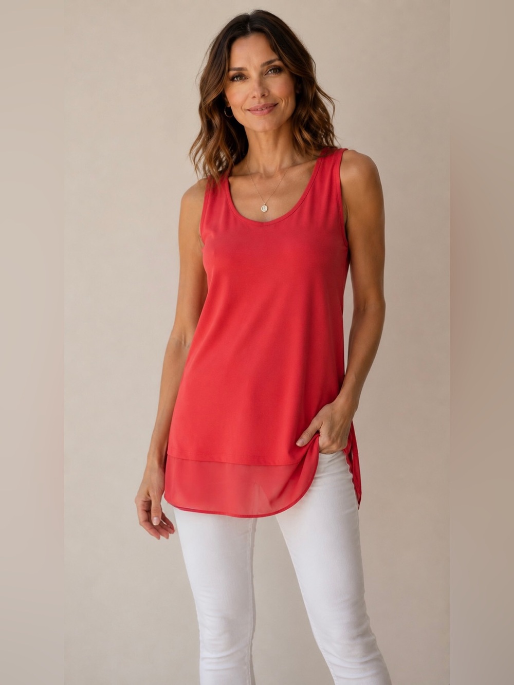 Eliana Apparel Chiffon Hem Tank Top-Coral